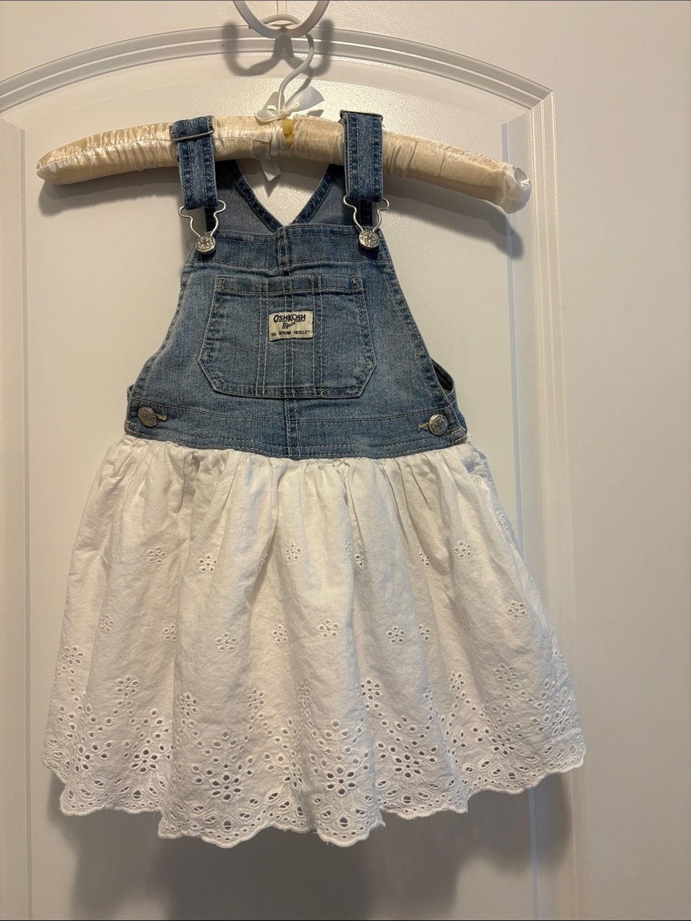 OshKosh B'gosh Blue Denim Bib Overalls with White Eyelet Skirt
